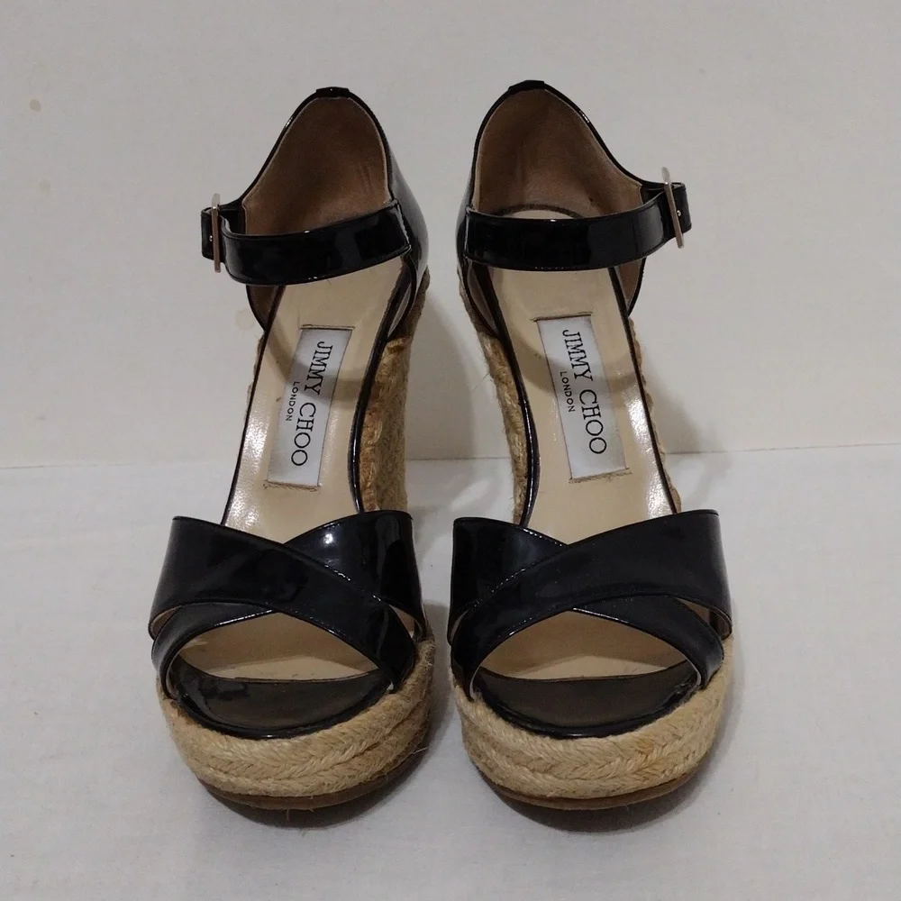 Jimmy Choo Designer Paisley Patent Leather Wedge Sandals Ankle Strap US 6 Chic